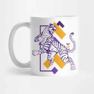 Retro Purple & Gold Tiger on the Attack // Vintage Geometric Shapes Background Mug